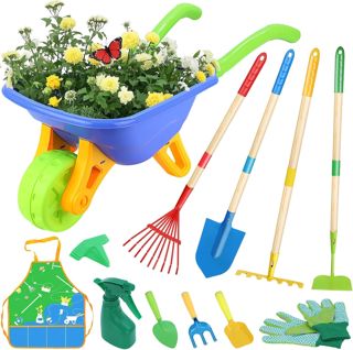 LATERN D'outils de Jardinage pour Enfants, 70CM Brouette avec 70CM Métal Pelle Râteau Houoche Râteau à Feuille 20CM Pelle Râteau Tablier, Éducatif Jouet pour L'extérieur Jardin Cour Creuser Jouer