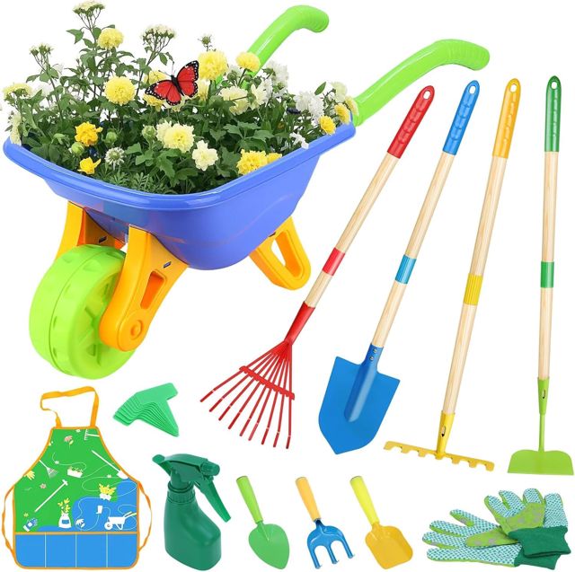LATERN D'outils de Jardinage pour Enfants, 70CM Brouette avec 70CM Métal Pelle Râteau Houoche Râteau à Feuille 20CM Pelle Râteau Tablier, Éducatif Jouet pour L'extérieur Jardin Cour Creuser Jouer