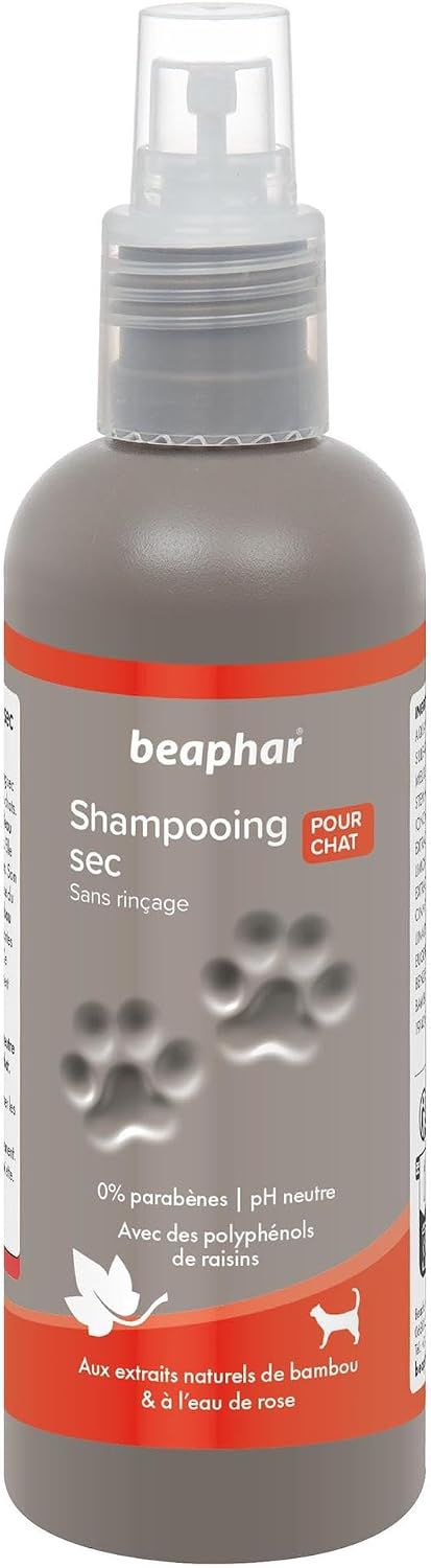 BEAPHAR – Shampoing Sec Premium ultra-doux et parfumé pour chat – Aux extraits naturels de Bambou & d’eau de Rose – Revitalise et rafraîchit le pelage – Limite l’excès de sébum – Sans rinçage – 200 ml