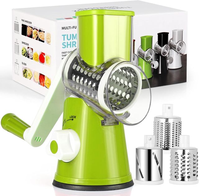 Diealles Shine Mandoline de Cuisine Manuelle, Coupe Legumes Multifonctions avec 3 Lames de Tambour Détachables, Râpe à Fromage pour Pommes de Terre, Carottes, Fromage, Noix, etc