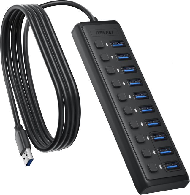 BENFEI Hub USB 3.0 10 Ports avec entrée d'alimentation USB‑C, câble de 1M