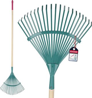 KADAX Râteau à Feuilles de Jardin, Balai à Gazon avec Manche Long en Bois et Dents en Acier Tranchantes pour Un Ramassage Efficace et Confortable (Vert)