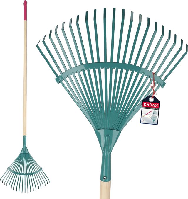 KADAX Râteau à Feuilles de Jardin, Balai à Gazon avec Manche Long en Bois et Dents en Acier Tranchantes pour Un Ramassage Efficace et Confortable (Vert)