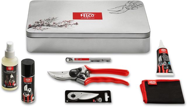 FELCO Sécateur Modèle 2 - Boîte d'entretien et d'entretien - Modèle 933 - Modèle 2 inclus - Lame de rechange 2/3 - Spray lubrifiant - Dissolvant de graisse - Affûteur de graisse - Clé de réglage 2/30