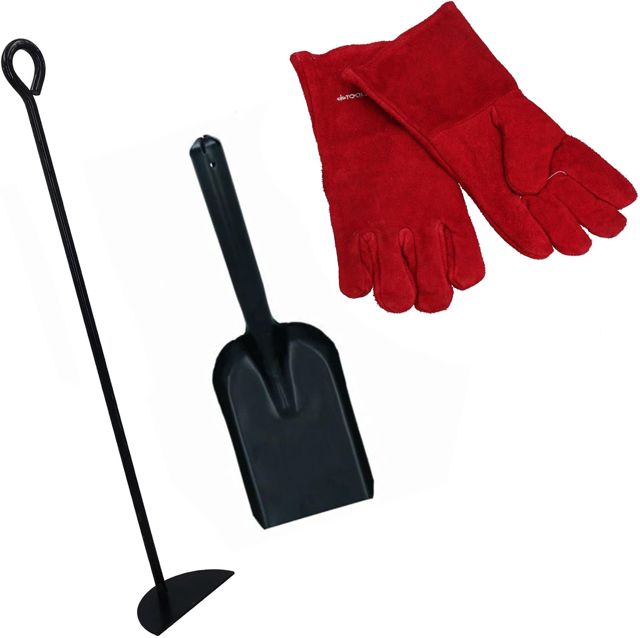AB Tools D Râteau à cendres, pelle et gants Outil Brûleur à bois, charbon en acier, métal noir