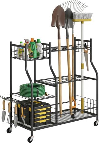 Outsunny Organisateur d'Outils de Jardin en Acier à 3 Niveaux 4 Roues Noir