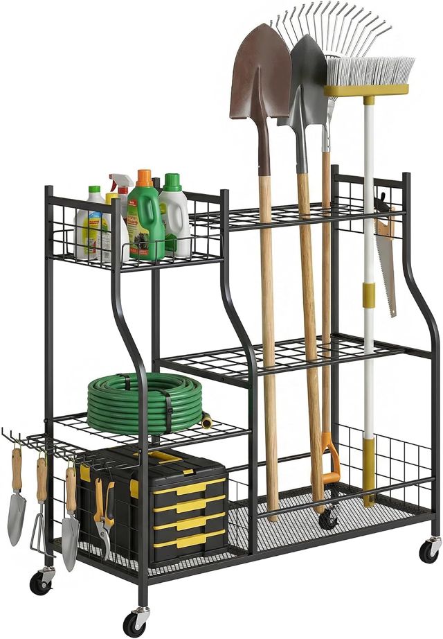 Outsunny Organisateur d'Outils de Jardin en Acier à 3 Niveaux 4 Roues Noir
