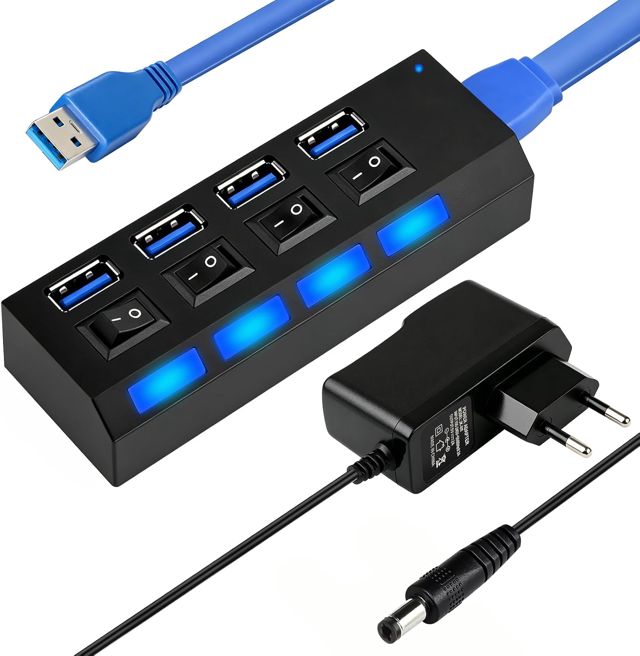 Hub USB 3.0 Alimenté, 4 Port Hub USB3.0 avec Interrupteur LED Individuelles, Port USB Multiple pour PC Ordinateur Portable, Souris et Clavier, Adaptateur Secteur 5V/2A Inclus