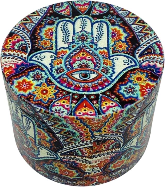 Grinder Main Fatma en 50 mm 4 parties Fatima Khomsa Khansa moulin à épices alliage en zinc durable robuste broyeur d'herbes séchées avec sa petite spatule à pollen couvercle aimanté porte bonheur