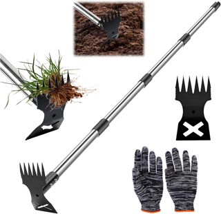 Râteau de Désherbage, Outil Desherbage Manuel Extracteur Mauvaises Herbes avec Manche Long Râteau Désherbage & Houe de Jardin 2-en-1 Outils Jardinage pour Cour Pelouse Terrasse