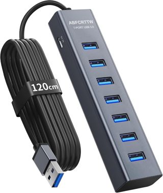 7 Port Hub USB 3.0 - Aluminium Hub USB avec 120cm Câble pour PC Bureau, USB Adaptateur Multiport avec USB 3.0 5Gbps, 5V 3A Type-C pour PC, Laptop, MacBook, MacBook, Souris, Clavier, Disque U etc.