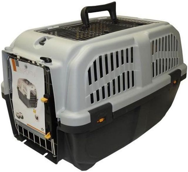 Aimé | Caisse de Transport Chat et Chien | Cage de Transport pour Chien et Chat avec Aérations Latérales, Grilles en Métal et Loquet de Sécurité | Couleur Grise et Dimensions 56x36x35 cm