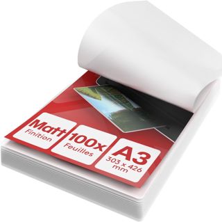 ACROPAQ Feuille plastifieuse A3 Mat - Pack de 100 pochettes de plastification, 100 micron, Anti-reflets, Finition mate, Anti-traces de doigts, Coins arrondis - Pochette a plastifier