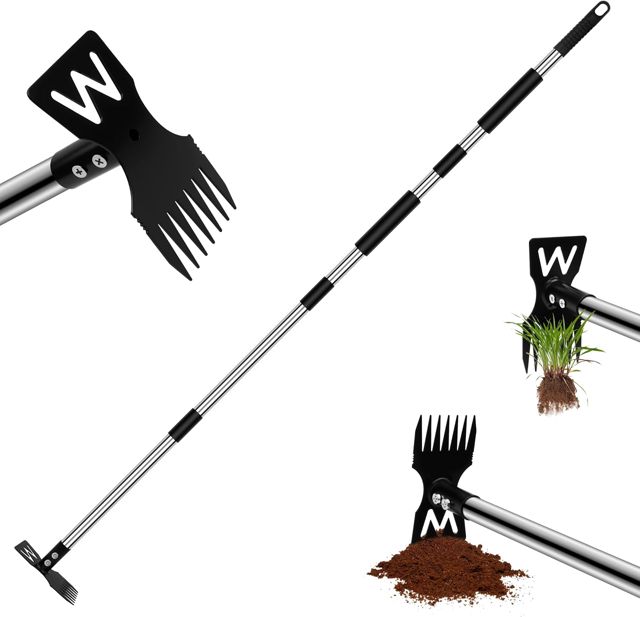 Outil de désherbage, houe de Jardin réglable 2 en 1 avec Long Manche en Acier Inoxydable, Outil de Désherbeurs en Position Debout, râteau de désherbage Manuel Ultra-résistant