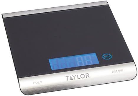 Taylor Pro Balances de Cuisine Numériques Ultra Haute Capacité, Compact Standard Professionnel avec Précision et Fonction Tare, Noir en Verre et en Acier Inoxydable, 15 kg Capacité