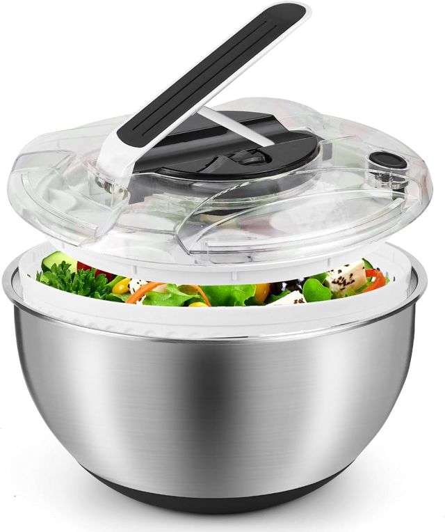Essoreuse à Salade 4,5L en Acier Inoxydable Grande, Panier a Salade avec Couvercle, Base Antidérapante, Salad Spinner pour Laver et égoutter Les Salades, égoutter Les Pâtes, etc.