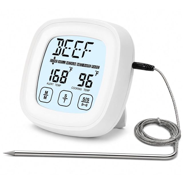VBESTLIFE Thermomètre de Cuisine Numérique avec Minuterie, Thermomètre pour Barbecue à écran Tactile 9 Aliments Prédéfinis 5 Niveaux de Cuisson pour Rôtir la Cuisson