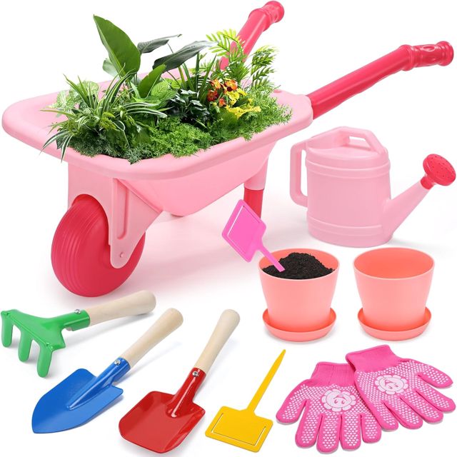 Cute Stone Ensemble d'outils de Jardinage pour Enfants, brouette Rose | avec arrosoir, Gants, râteau, Pelle, truelle, Jouets de Jardinage pour Enfants (garçons et Filles) dès 3 Ans