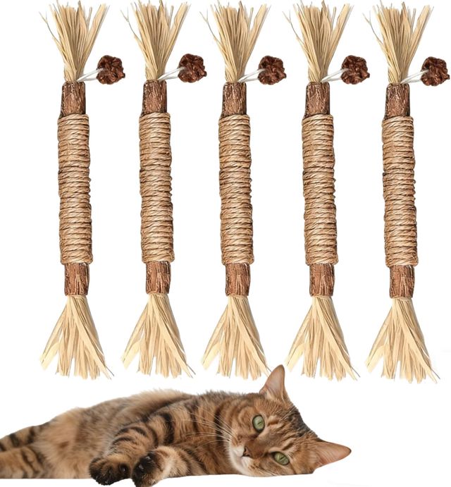 Lot de 5 Bâtonnets à Mâcher pour Chats en Bois Naturel – Jouets avec Herbe à Chat, Jeu Interactif Intérieur & Nettoyage Dentaire