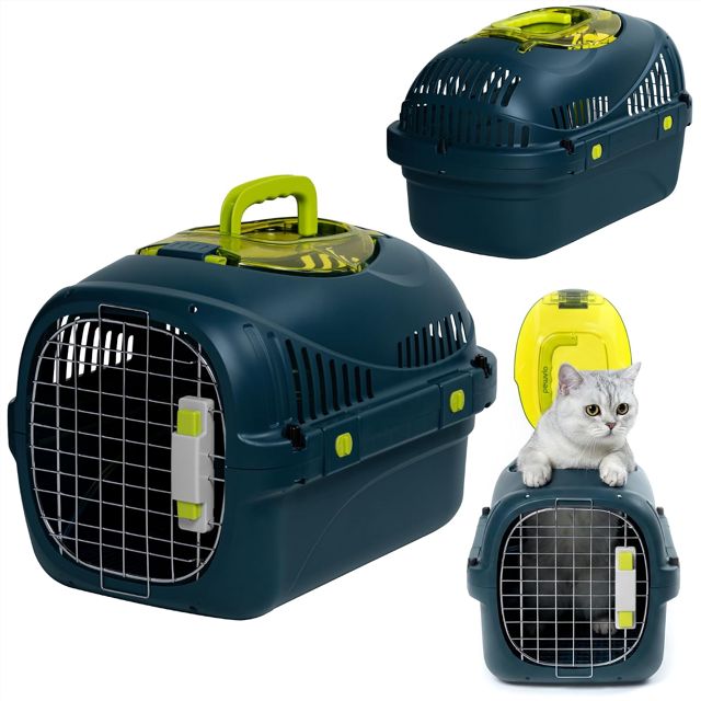 Safy Boîte de Transport Rigide pour Chat avec Porte en métal, Double sécurité et Ventilation, Rabat de visualisation supérieur, poignée de Transport escamotable, Grille de Fond Amovible pour
