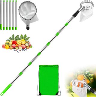 Cueille Fruit Télescopique 2,8m avec Sac de Rangement, Cueilleur Fruits en Acier Inoxydable Ø 16 cm, Outil Cueillette Jardin Réglable, Perche Ramasse Pommes Amovible pour Cerise, Pêche, Prune, Figues