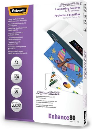 Fellowes 5440001 Super Quick Pochettes de plastification brillantes Capture 80 microns A4 - Pack de 100 Transparent