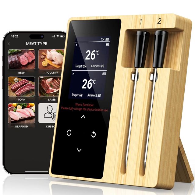 Onherm Thermomètre Cuisine Sans Fil avec 2 Sondes, Meat Thermometer avec LCD Écran, Intelligente APP, IP67 Étanche, Fonction D'alarme, Thermomètre Barbecue pour Four, Grill, Airfryer