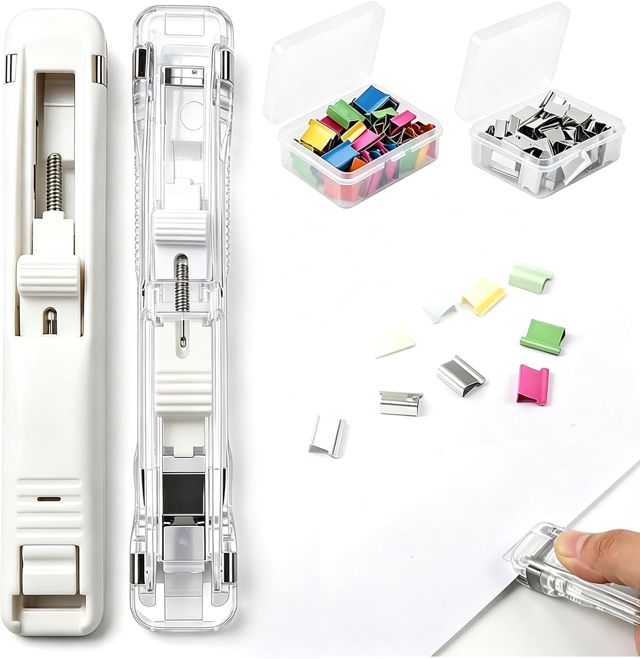 Lot de 2 agrafeuses réutilisables sans agrafes - Avec 100 agrafes réutilisables - Pour étudiants et bureau - Transparent et blanc pastel