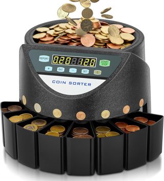 Compteuse de Pieces Euro, Trieuse Monnaie Capacité de 800 pièces, Monnayeur Pièces Euro avec 8 bacs de collecte, Machine à compter des pièces pour écoles, magasins et banques, noir, métro