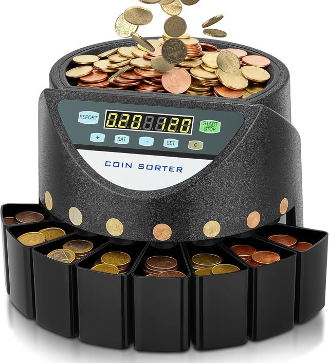 Compteuse de Pieces Euro, Trieuse Monnaie Capacité de 800 pièces, Monnayeur Pièces Euro avec 8 bacs de collecte, Machine à compter des pièces pour écoles, magasins et banques, noir, métro