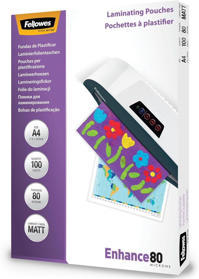 Pochettes de plastification Fellowes au format A4, 80 microns, Pack de 100 Feuilles à plastifier, Finition Mate et de Haute Qualité, Idéal pour les photos et affiches