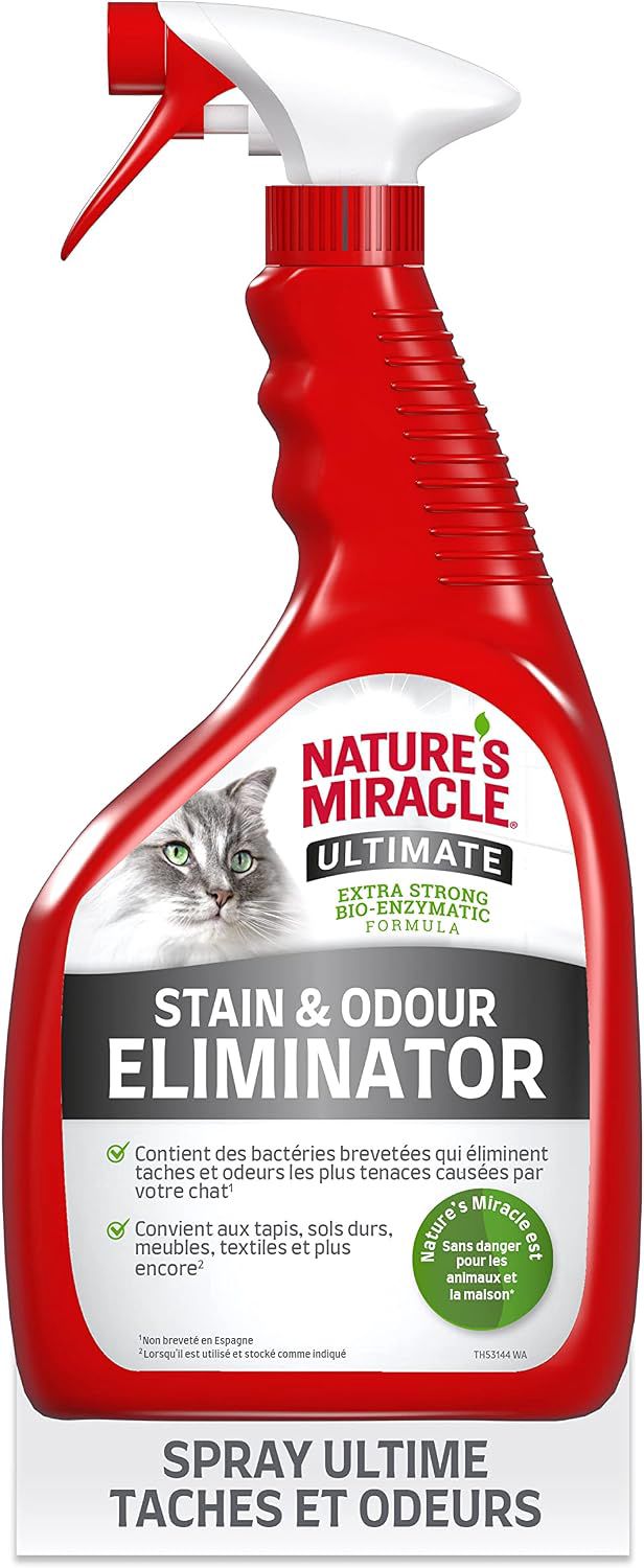 Nature’s Miracle Stain & Odour Remover - Spray Eliminateur pour taches et odeurs organiques des chats - urine, excréments, vomis – Action Bio-Enzymatique – Multi-surfaces – Parfum Agrumes – 709 ml