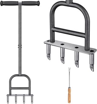 SELEWARE Aérateur de pelouse, aérateur pour pelouse, cuillère Creuse avec bac de Rangement et Outils de Jardin, poignée en Caoutchouc en T, aérateur de pelouse pour sols compacts, Entretien de la