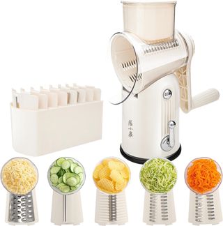 Râpe à Fromage Rotative 5-en-1, Râpe Légumes Manuel avec 5 Lames Interchangeables, Mandoline de Cuisine pour Légumes, Fromage et Noix