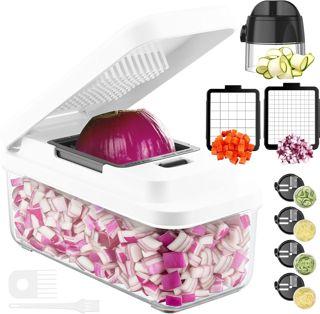 Decoupe Legumes, Coupe Legumes Multifonctions, Découpeur de Légumes avec 2 Lames Interchangeables, 6 en 1 Spiraliseur de Légumes pour Concombre, Courgette, Carotte Uniformemente Dei Cubetti
