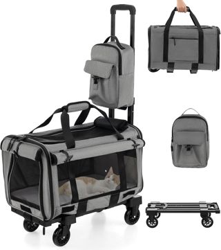 SORAS Sac Transport Chat Chien 57 X 34 X 34 CM, Caisse de Transport pour Chien Chat avec Roues, Poignée Télescopique, Coussin Double Face, Sac à Dos Supplémentaire