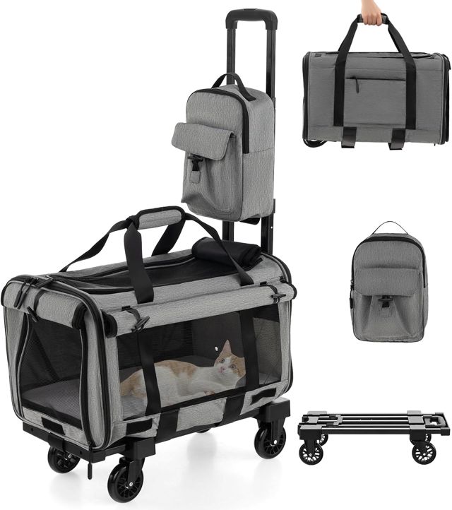 SORAS Sac Transport Chat Chien 57 X 34 X 34 CM, Caisse de Transport pour Chien Chat avec Roues, Poignée Télescopique, Coussin Double Face, Sac à Dos Supplémentaire