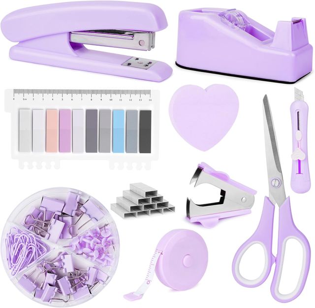 OFFCUP Ensemble de Fournitures de Bureau, Kit d'accessoires de Bureau, Distributeur de Ruban Adhésif, Dissolvant d'agrafes, Agrafeuse avec Agrafes, Ciseaux, Notes Autocollantes pour Maison L'éCole