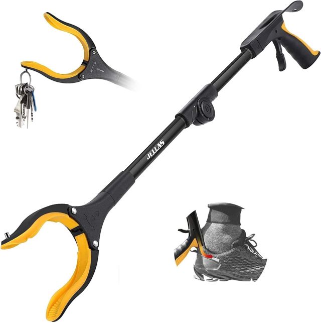 Jellas Pince de préhension pliable de 81,3 cm avec embout magnétique solide et chausse-pied, outil d'aide pour ramasser les ordures, ramasser les déchets, extension de bras (jaune)