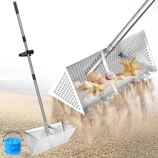 Râteau de Puce de Sable en Acier Inoxydable - Tamis de Sable de Plage avec Grand Panier à Dents de Requin de 20×40 cm, Tamis Détachable Râteau de à Poignée Longue Détachable pour Plage