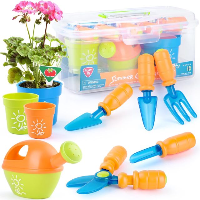 Play Ensemble d'outils de Jardinage pour Enfants avec Pelle, Fourche, Ciseaux, Pot de Fleurs, arrosoir, étiquette et boîte de Rangement, kit de Jardinage pour Enfants à partir de 3 Ans