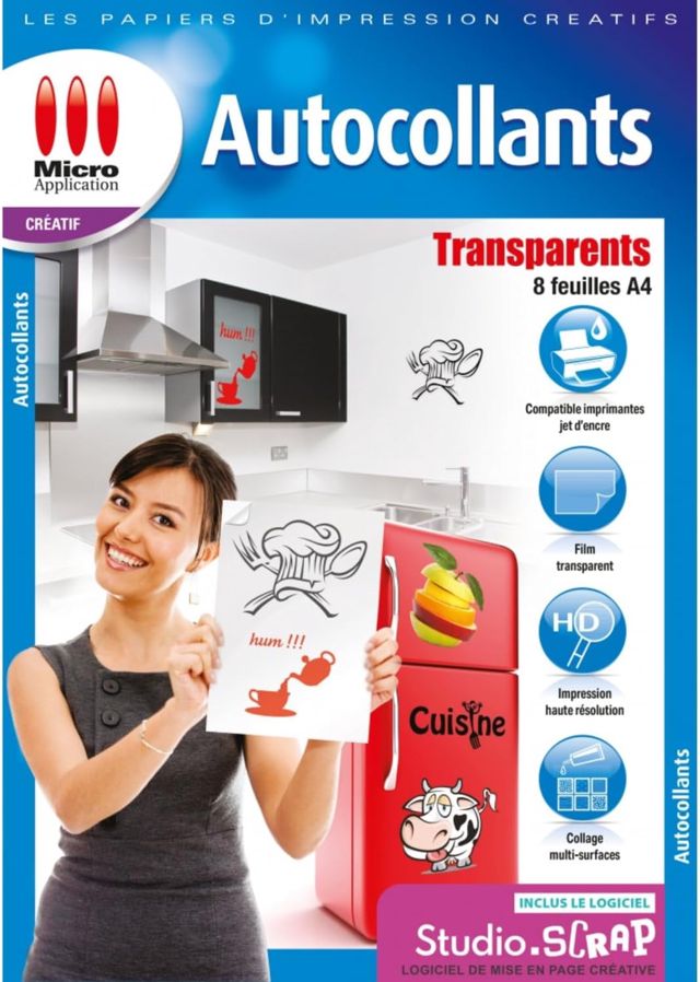 Micro Application Papier Autocollant Transparent - Pochette 8 Feuilles Étiquettes Adhésif Transparent A4, Impressions - 5091