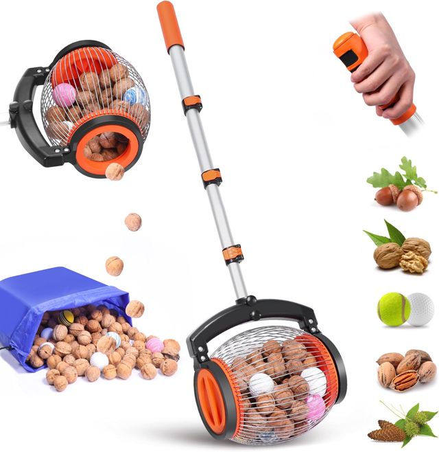 Rouleau collecteur de noix pour jardin avec ouverture à marchepied - Facile à nettoyer - Manche ergonomique réglable - Pour noix, glands, châtaignes, balles de golf (capacité de 1 gallon)