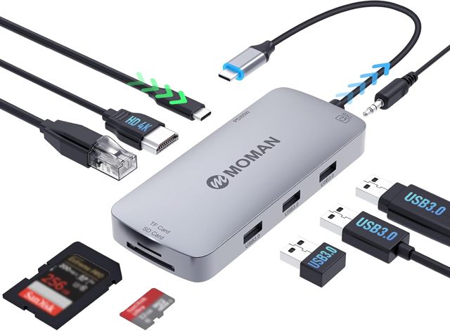 Moman Hub USB C, Station d'accueil 9 en 1 avec 100W PD, 4K@30Hz HDMI, 3 x USB 3.0 5Gbps, Connecteur Audio 3,5mm, RJ45 Ethernet, Lecteur de carte SD/TF pour Souris, Clavier, U Disk, Flash Drive, Mobile