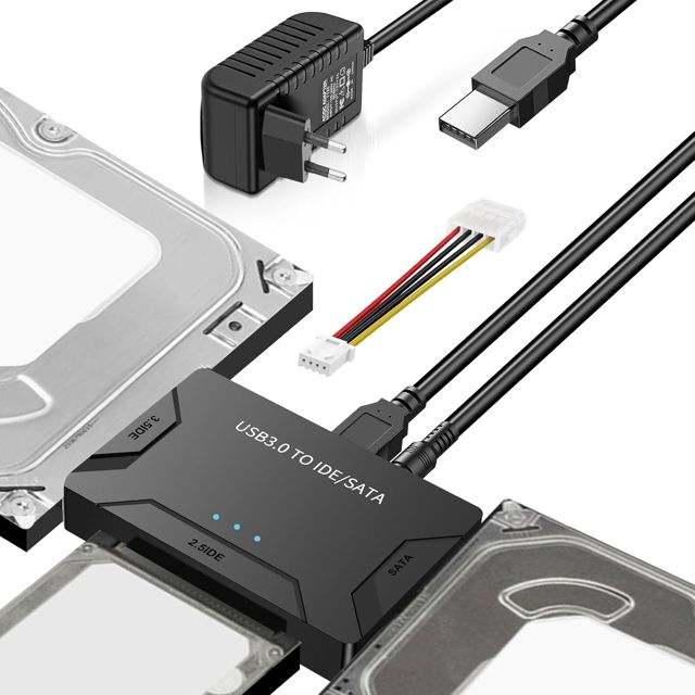 5Gbps Adaptateur Disque Dur USB 3.0 pour 2.5"/ 3.5" HDD/SSD, Convertisseur SATA et IDE Adaptateur de Disque Dur IDE/SATA pour Windows 11/10/8/7/XP/Vista avec Câble USB/Alimentation 12 V 2 A