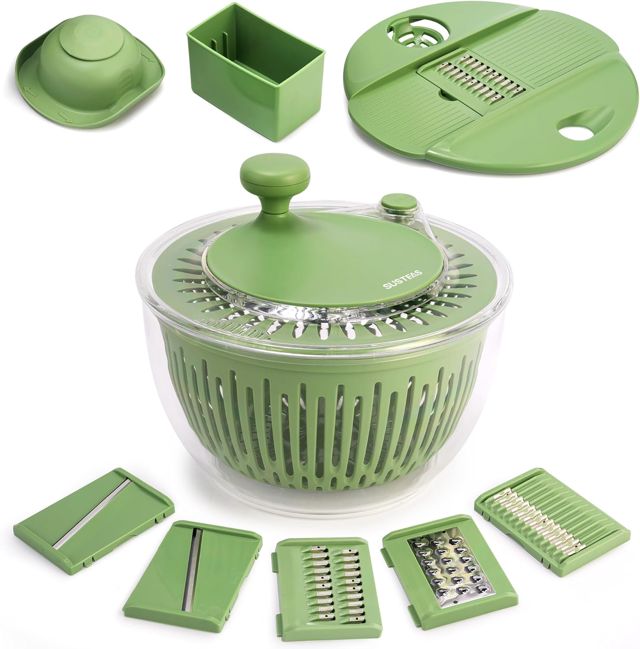 SUSTEAS Essoreuse à salade 4,25 L avec Bol de Lavage pour Légumes/Fruits, Égouttoir, Couvercle Trancheur avec 5 lames et Séparateur d'Œufs – sans BPA