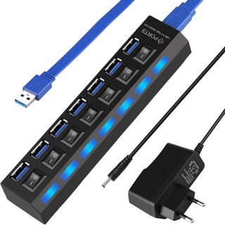 Répartiteur USB, 7 Ports Hub 3.0 + 2.0 avec 5V / 2A Alimentation