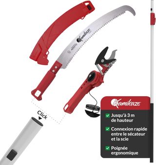 Kamikaze Kit d’Élagage en Hauteur 3 en 1 de 6m – Coupe-Branche Télescopique avec Sécateur Télescopique + Scie Télescopique, Tête Rotative, Attache Rapide, Compatible avec Outils Wolf (3 x 2 m)