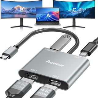 Aceele Hub USB C vers Double HDMI 4K@60Hz, Adaptateur USB-C Multiport avec 2 Ports HDMI, Charge PD 100W et Port USB, Compatible MacBook Pro/Air, Windows, Chromebook et Appareils USB-C