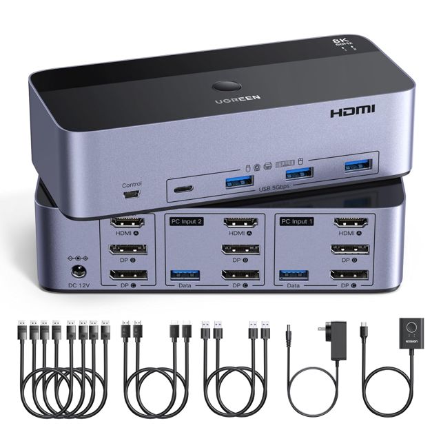 UGREEN Switch KVM HDMI+DP 2 Entrées 3 Sorties 8K 60Hz pour 2 Affichage